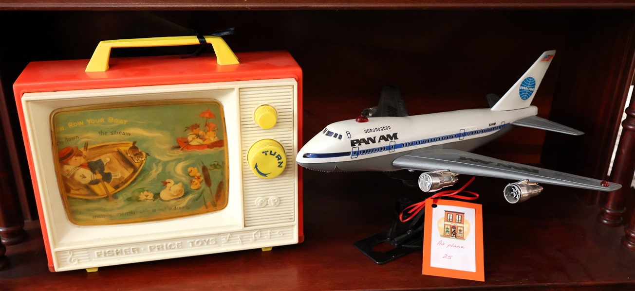 Fisher Price Toys Wind Up Television and Pan Am Model Airplane - Plastic Battery Operated