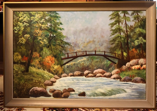 Artist Signed W. Dillard 1988 -  Oil on Board Painting of Stream and Bridge - Framed - Frame Measures 40 by 28 