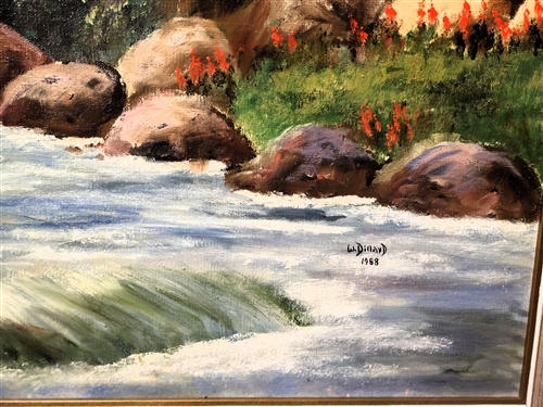 Artist Signed W. Dillard 1988 -  Oil on Board Painting of Stream and Bridge - Framed - Frame Measures 40 by 28 