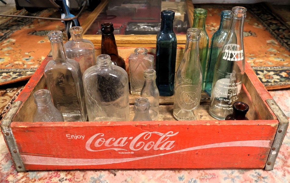 Wood Coca Cola Crate with Bottles including Amber, Teal, Blue, Listerine, Dixie Cola, Winston Salem Dr. Pepper, and Lysol