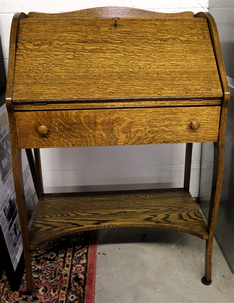 Quarter Sawn Oak Slant Front Ladies Desk - Single Drawer  -Divided Interior -Locks with Key-  Measures 41" tall 28" by 16"