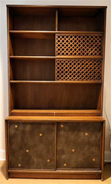 Mid Century Modern 2 Piece Offset Cupboard with Sliding Doors with Cut Outs at Top and Sliding Doors at Bottom - Measures 85" tall 48" by 19" 