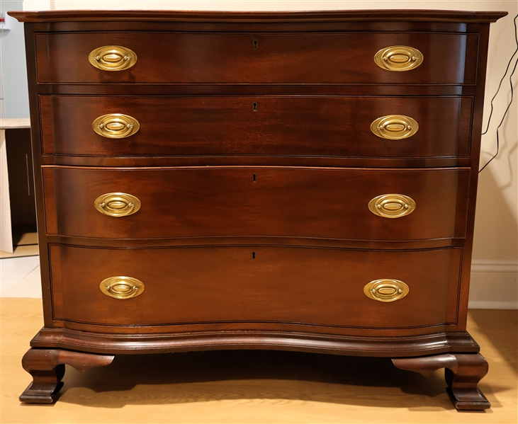 Nice Biggs Furniture - Richmond, VA - Mahogany Serpentine Front Chest- 4 Dove Tailed Drawers - Brass Key Holes - With Key- Measures 34" Tall 40" by 21 1/1"