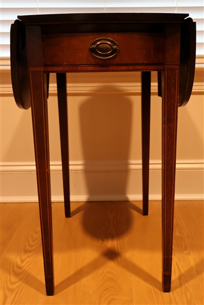 Tapered Leg Drop Leaf Tea Table - Single Dovetailed Drawer with Inlay Under - Gold Accents on Legs and Top - Finish Needs Some Restoration - Table Measures 25 1/4" Tall 15" by 19" Each Leaf...