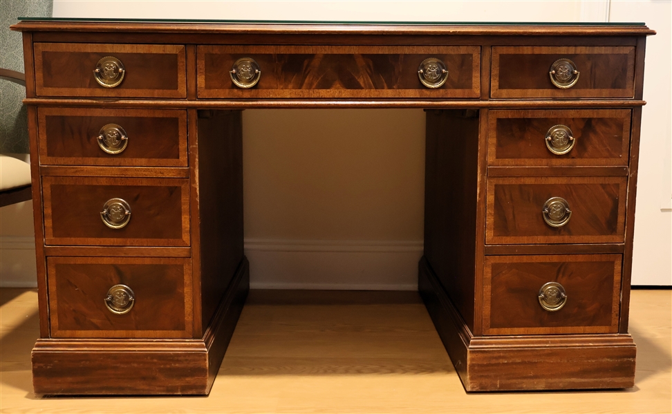 Nice Mahogany Desk with Glass Top - Dovetailed Drawers with Oak Secondary Wood - Brass Pulls with Cherubs - Desk Measures 29 1/2"" Tall 48" by 27 1/2"