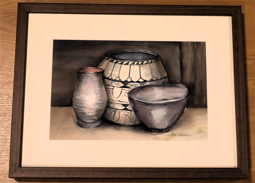 DeMarrais Original Watercolor Painting of Southwestern Pottery - Framed and Matted - Frame Measures 13" By 17" 