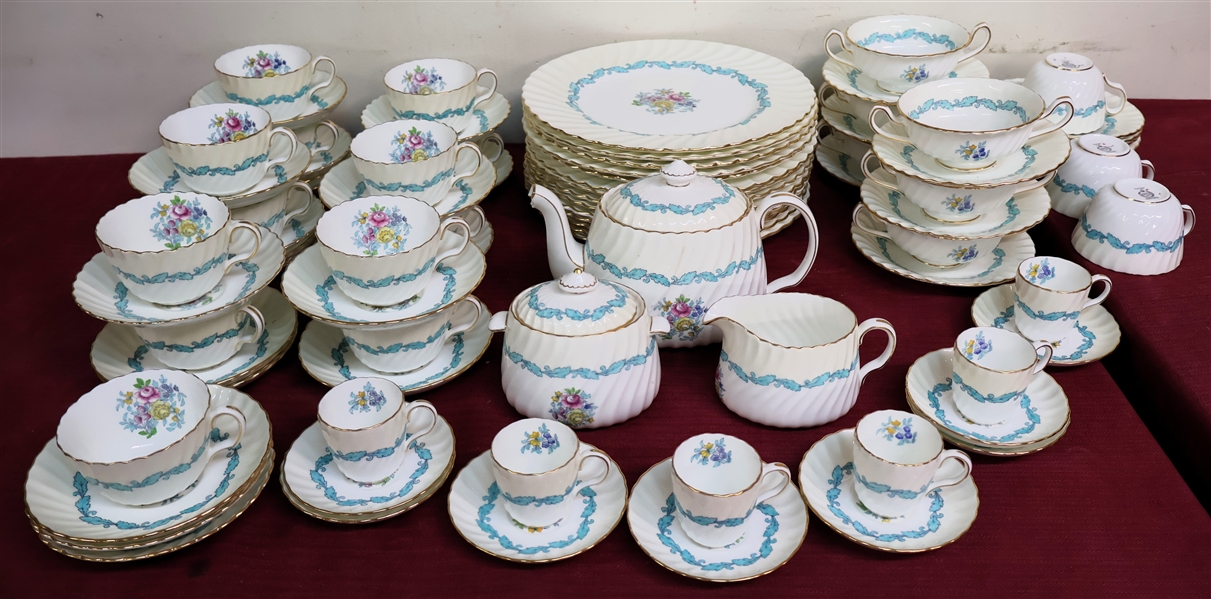 78 Pieces of Minton "Ardmore" China -Ivory Background with Floral Center, Turquoise Leaves -  14 Dinner Plates, 12 Cup and Saucer Sets, 6 Demitasse Cup and Saucer Sets, 6 Cream Soups with Saucers,...