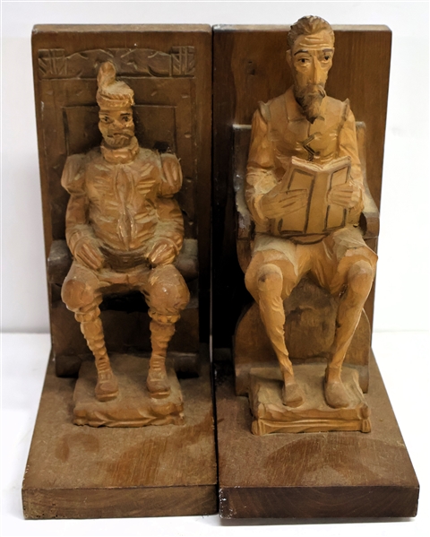 Pair of Wood Carved Figural Bookends Made in Spain - Each Measures 6 1/2" Tall - 