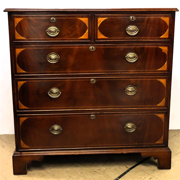 19th Century Mahogany Solid End Chest - Fine Inlaid Top and Drawers Fan and Sunburst Inlay - Hand Dovetailed Drawers - Chest Measures 42" Tall 41" by 18 1/2" 