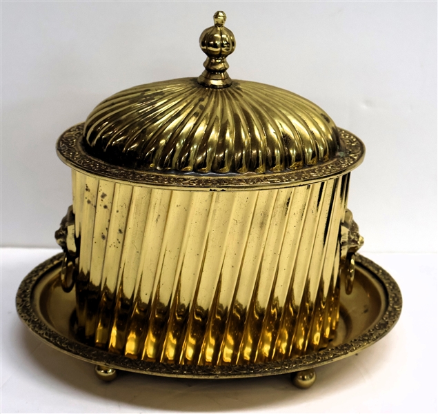 Oval Brass Tea Caddy with Brass Underplate - Lions Head Handles - Measures 6" Tall 6" Across