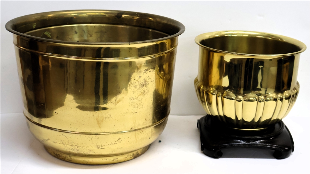 2 Brass Planters - Larger Measures 9" Tall 12" across - Smaller With Wood Base Measures 6" Tall 7 1/2" Across