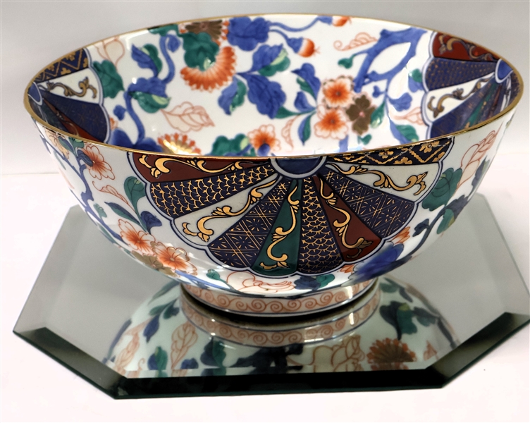 Chinese Decorator Centerpiece Bowl with Floral and Fan Designs and Octagon Beveled Mirror  -  Bowl Measures 5 1/2" tall 12" Across