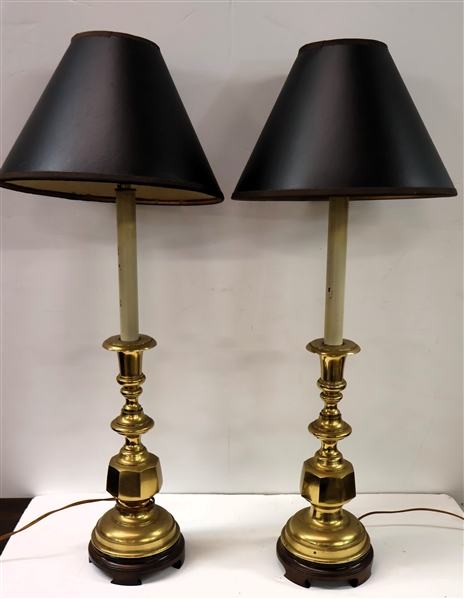 Pair of Brass Candlestick Lamps with Wood Bases - Each measures 24" To Bulb