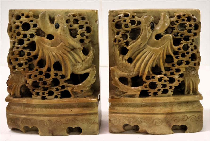 Pair of Carved Soapstone Bookends  Each Measures 5 1/2" Tall by 4" 