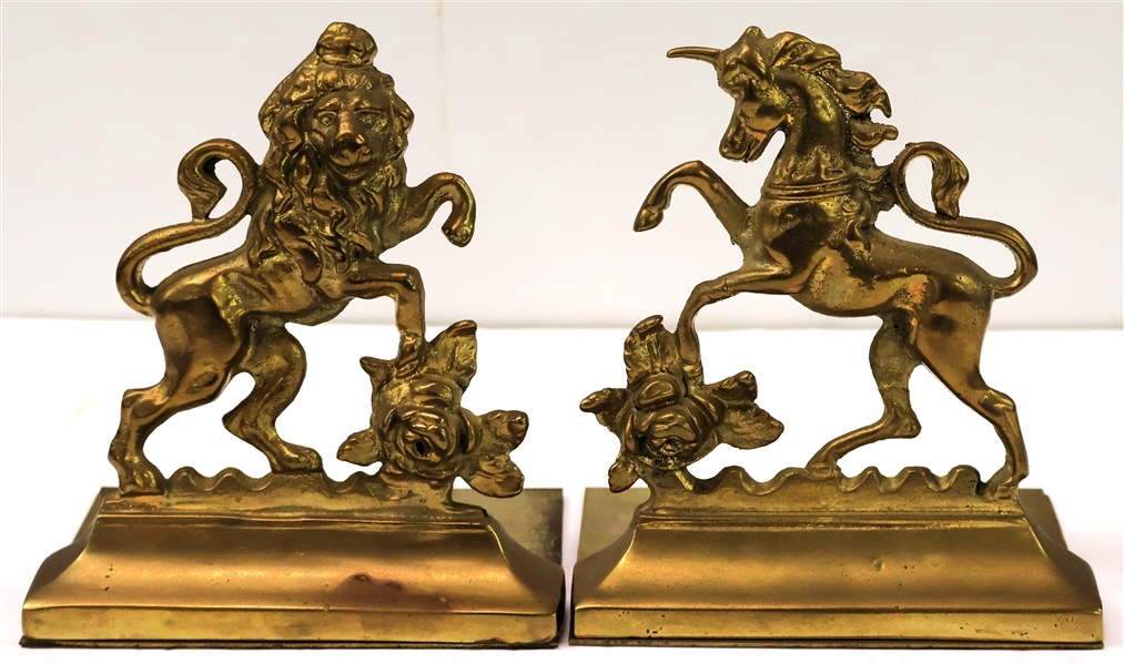 Pair of Brass Lion and Unicorn Book Ends - Measuring 6 1/2" Tall 