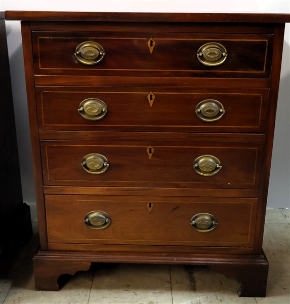 Mahogany Chippendale Style Bachelors Chest - 4 Graduating Dovetailed Drawers with String Inlaid Fronts and Inlaid Key Holes - Measures 30" tall 26" by 15" - Some Discoloration on Top Surface