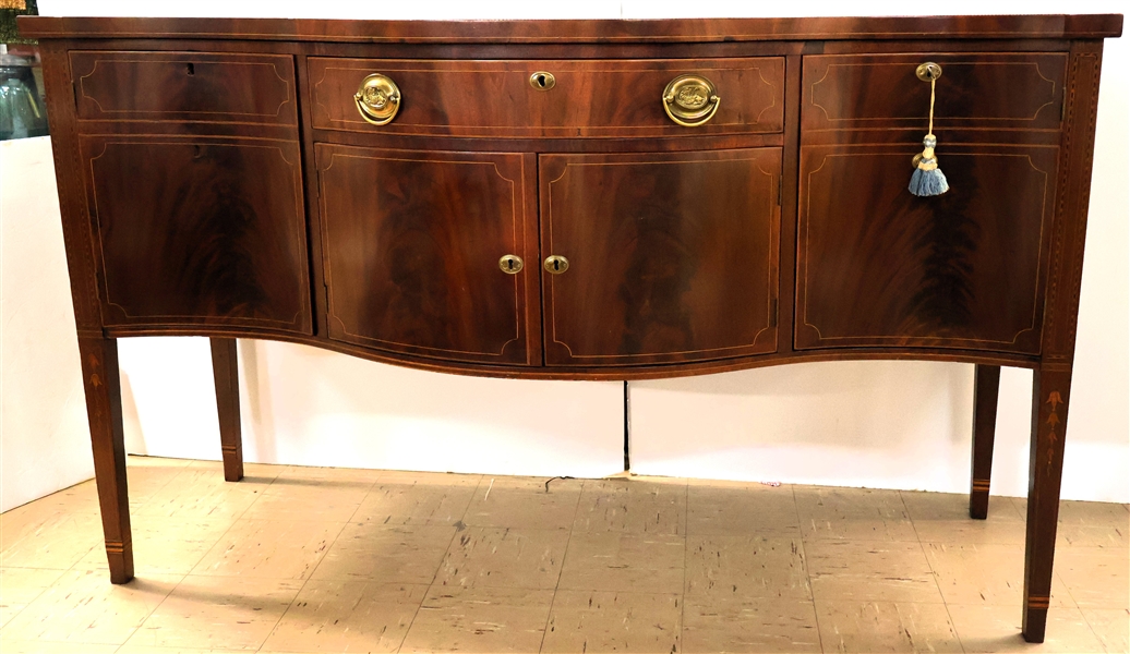 Fine Mahogany Serpentine Front Sideboard - Southern Bell Flower Inlay on Legs - Banded Inlay On Edges and Legs- String Inlay on Doors - Paneled Sides  - 1 Single Dovetailed Drawer in Center - Doors...