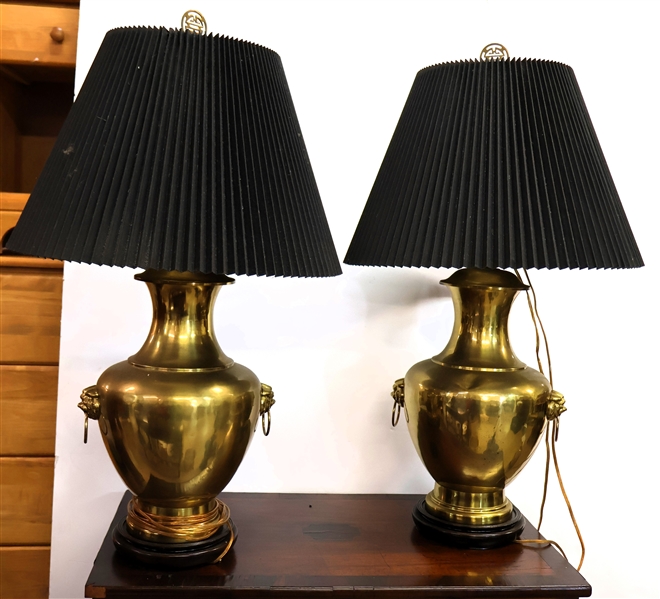 Pair of Large Brass Vase Style Lams with Dragon Heads on Sides - Wood Bases - Black Pleated Shades - Each Lamp Measures 21" Tall - One Lamp Has Slight Dent to Body 