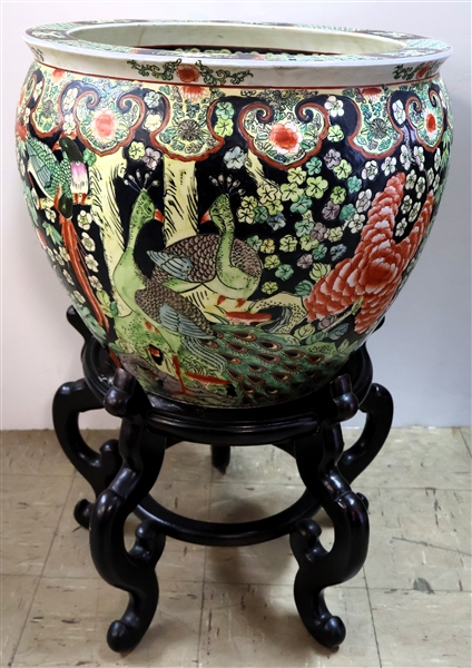 Beautiful Large Asian Fish Bowl Planter with Peacocks, Leaves, and Flowers - Koi Fish Inside -on Wood Stand  -  Measures 16" tall 18 1/2" Across Not Including Wood Stand 