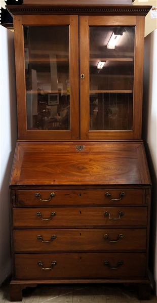 19th Century Walnut Book Case Secretary Pegged and Mortised Construction - Fine Dentil Molding - Beaded Shelves - Secretary Has Divided Compartments and Leather Writing Surface -Dovetailed Pull Out...