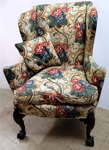 Chippendale Style Wingback Chair with Fine Carved Ball and Claw Feet - Clean Floral Upholstery 