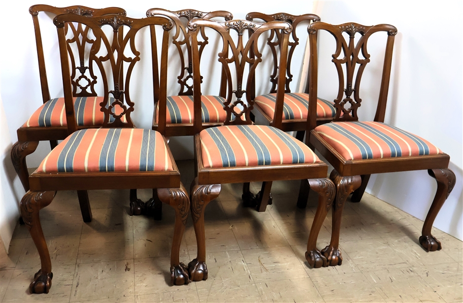 6 Mahogany Chippendale Style Ribbon Back Side Chairs - Ball and Claw Feet - Rust, Blue, and Gold Striped Seats 