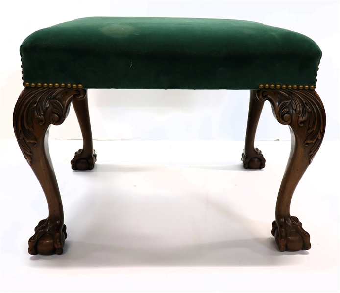 Chippendale Style Stool / Bench with Heavily Carved Legs, Ball and Claw Feet - Nail Head Trim - Measures - 18" Tall 24" by 20"