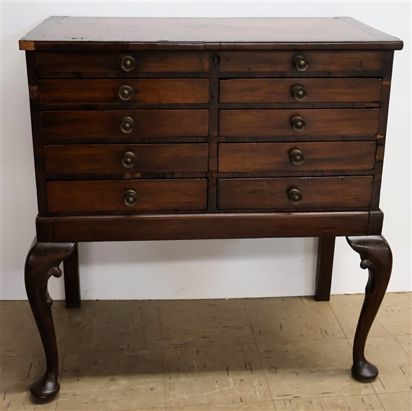 Queen Anne Inlaid Silver Chest with Lift Top - 8 Small Hand Dovetailed Drawers - Hand Dovetailed Case - Solid Ends - Handles Have Been Removed -Some Veneer Loss - See Photos - Measures 29 1/2" Tall...