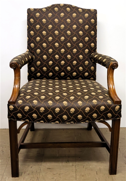 Chinese Chippendale Style Arm Chair - Black and Tan Floral Upholstery - Stretcher Base - Measures 39" Tall 27" Across