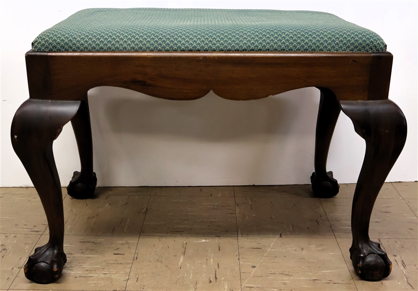 Ball and Claw Foot Bench with Scalloped Apron - Green Upholstered Seat - Measures 19" Tall 28" by 18" 