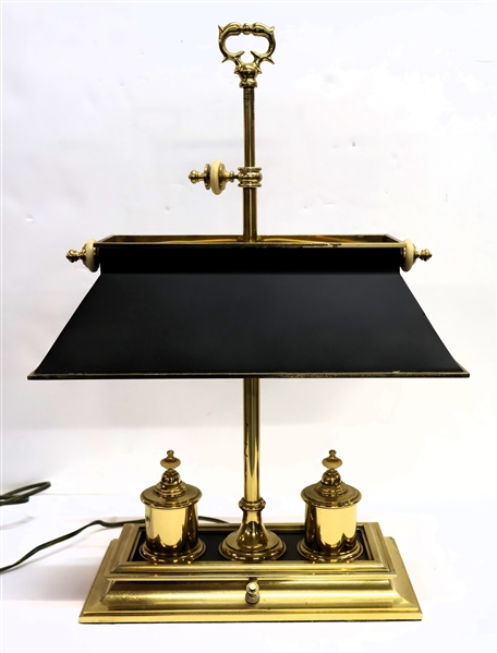 Nice Heavy Brass Desk Lamp - Faux Ink Wells - Brass Lined Shade - Measures 21" Tall 12" Across