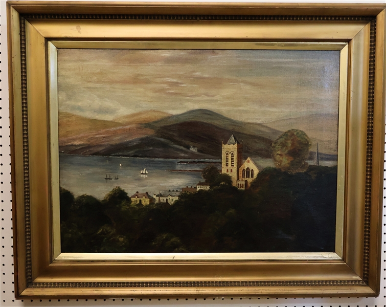 19th Century Oil European on Canvas Painting - Artist Signed - W. Barboua - Framed in Gold Gilt Frame - Original Gallery Label on Frame - Painting Has Been Reinforced on Back of Canvas - Painting...