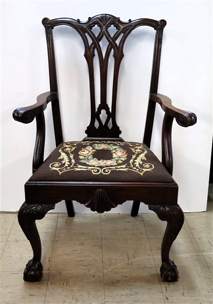 Mahogany Chippendale Style Ribbon Back Captains Chair -all and Claw Feet - Needlework Upholstered Seat 