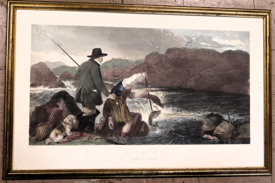 "Fishing - Gaffing a Salmon" Hand colored Engraving - Framed - Frame Measures 20" by 32"