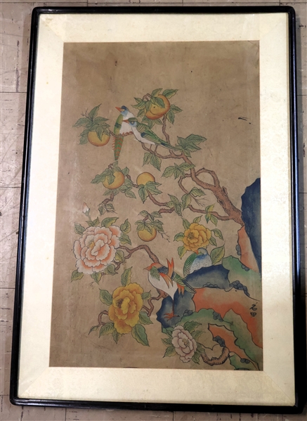 Original Asian Bird and Floral Artwork - Artist Signed - Framed and Matted with Silk Mat - Frame Measures 36" by 24"