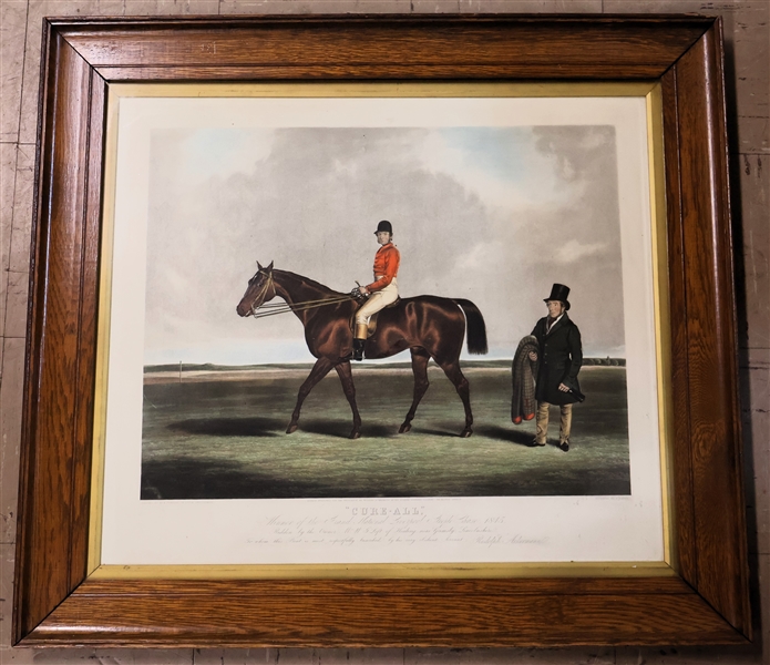 "Cure - All" Winner of the Grand National Liverpool Steeple Chase 1845 - Hand colored Engraving - Frame in Nice Oak Frame - Frame Measures 28" by 31" 