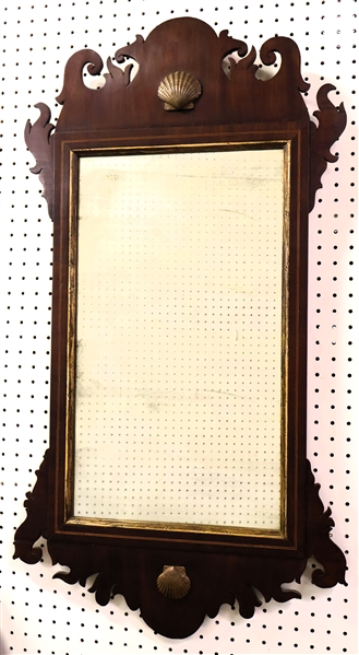 Mahogany Chippendale  Mirror with Gold Gilt Shells - String Inlay Around Mirror - Cut Nails in Back - Measures 40" by 21 1/2" 