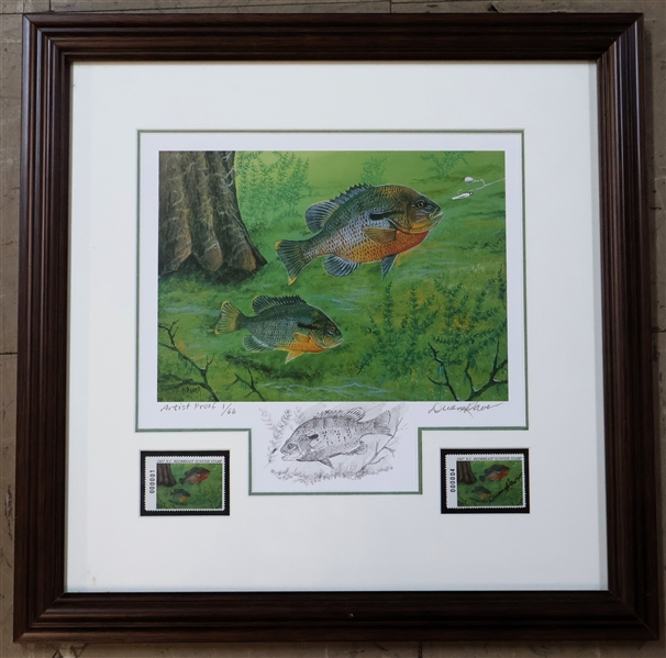 D. Raver - "2007 N.C. Redbreast Sunfish Stamp" Artist Proof Number 1 of 66  by Duane Raver - Beautifully Framed and Matted with Stamps and Artist Signature - Frame Measures 16" by 16