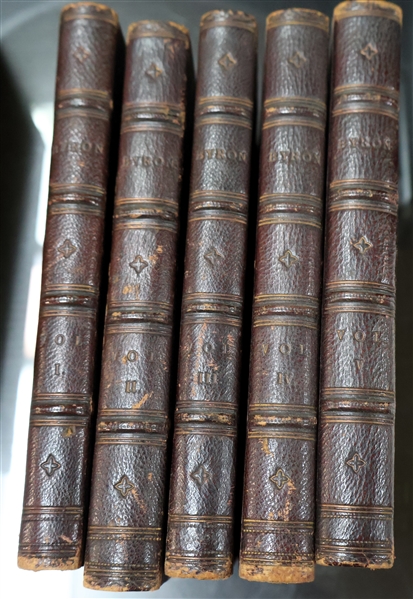 "The Works of Lord Byron" Leather Bound Books Volumes I, II, III, VI, and V - Beautiful Marbleized End Pages Published in London 1823 