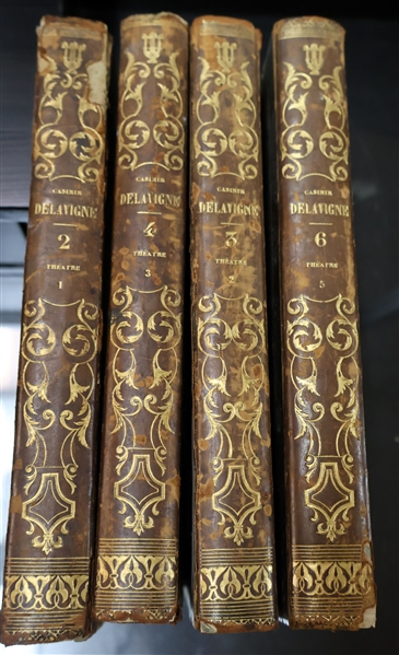 4 Leather Bound Volumes of "Delavigne" Gold Scroll Work on Spines - Volumes 2, 3, 4, and 6 