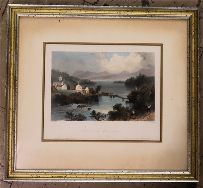 "Outlet of Lake Memphremagog" Hand Colored Lithograph - Framed and Gold Matted - Frame Measures 12" by 13" 