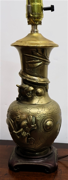 Asian Brass Table Lamp with Three Dimensional Dragons - Wood Base - Dragon Finial- Lamp Measures 14" To Bulb