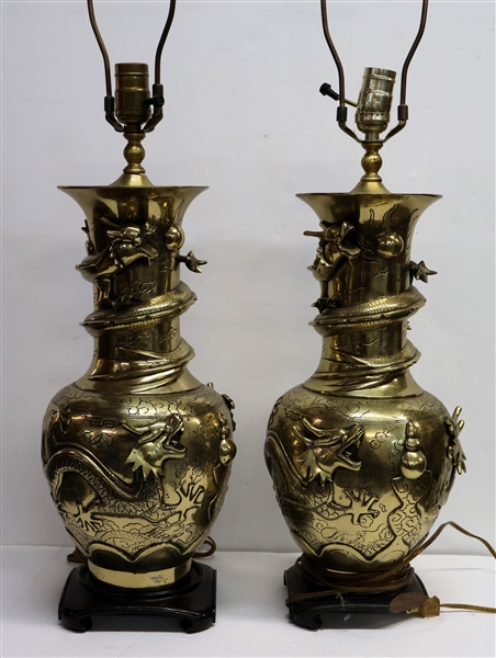 Pair of Heavy Brass Asian Vase Style Table Lamps with Three Dimensional Figural Dragons - Wood Bases Need Replacing - Each Vase Measures 16" 20" to Bulb