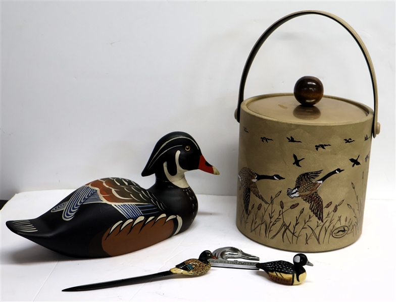 Duck Collection including Kraftware Ice Bucket, Letter Opener, Ducks Unlimited Magnet and Hand Painted Wood Ducks - Large Ducks Head Has Been Repaired