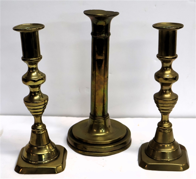 3 Push Up Candle Sticks - Pair of Brass Bee Hive Candle Sticks and Brass Column Candle Stick Measures 8 1/2" tall 