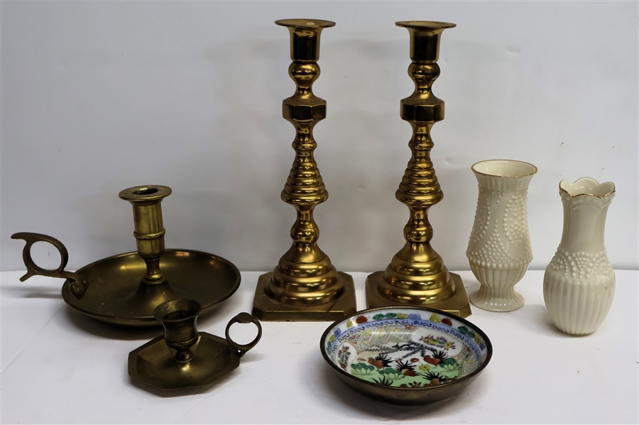 4 Brass Candle Sticks, 2 Lenox Vases, and Asian Rooster Dish - Candle Sticks Measure 10" Tall, Vases 5" 