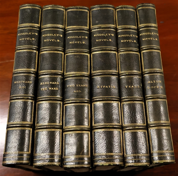 "Kingsleys Novels" 6 Leather Bound Volumes Published in London in 1891 - Pretty Marbleized Covers 