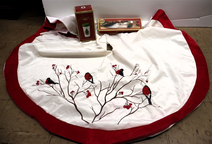 Spode Christmas Tree Travel Mug, Spode Pie Server, and Nice Embroidered Tree Skirt with Red Birds