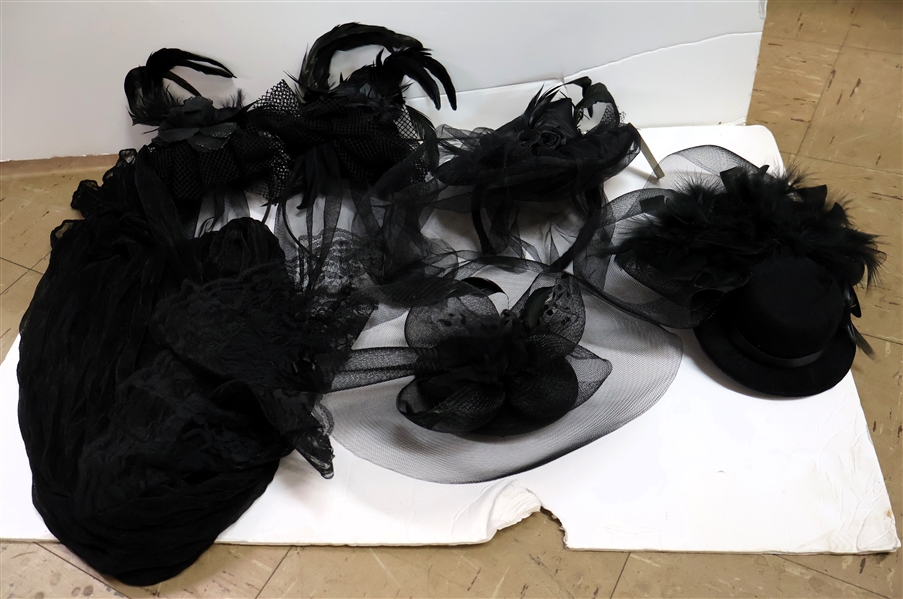  5 Black Feather and Floral Fascinator Headbands / Hats, Black Sheer Scarf, and 2 Black Lace Hairpieces