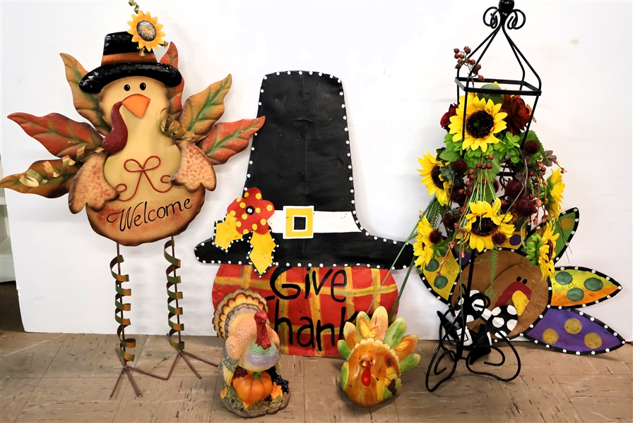 Fall Floral Arrangement on Metal Stand, Handpainted Metal Screen Pumpkin and Turkey, 2 Tabletop Turkeys, and Metal Standing Welcome Turkey